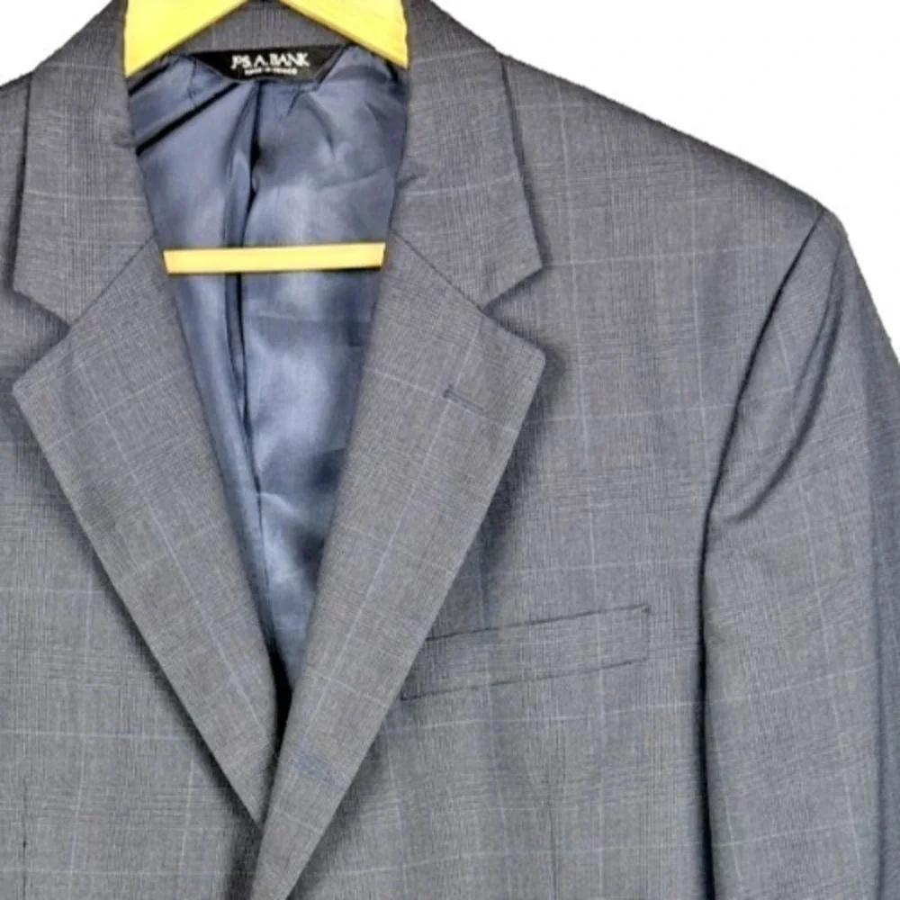 Jos. A. Bank Blazer 42R Gray Blue Plaid 100% Wool 2 Button Sport Coat Mens